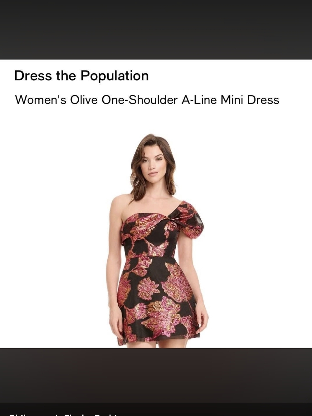 Dress the Population Black One-Shoulder Mini Dress with Pink Floral Jacquard